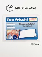 Set gelamineerde vleesetiketten. 140 stuks A7 | 35 stuks A4-formaat met logo
