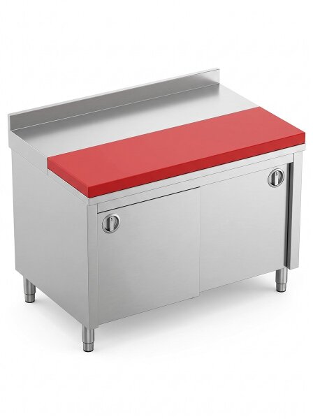 Stainless steel table / cutting table with sliding door | 10cm high upstand and full red board | 100x60x85cm