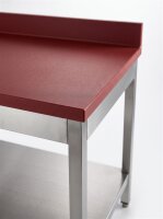 Roestvrijstalen tafel / uitbeentafel met onderblad | 10cm hoge opstaande rand en volledig rode plaat | 100x60x85cm