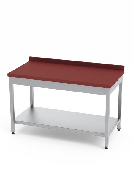 Roestvrijstalen tafel / uitbeentafel met onderblad | 10cm hoge opstaande rand en volledig rode plaat | 150x60x85cm
