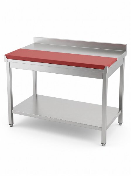 Roestvrijstalen tafel / uitbeentafel met onderblad | 10cm hoge opstaande rand en 30cm rode plaat | 150x60x85cm