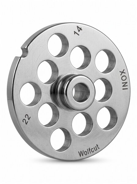 WOLFCUT | Stainless steel meat grinder plates for size 22 | with hub | 1 keyway | durable | 14mm