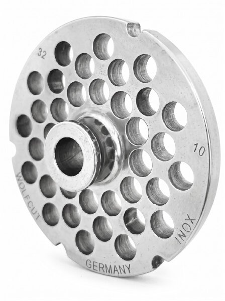 WOLFCUT | Grilles de hachoir en inox pour taille 32 | avec moyeu | 4 encoches | longue durée de vie | 10mm
