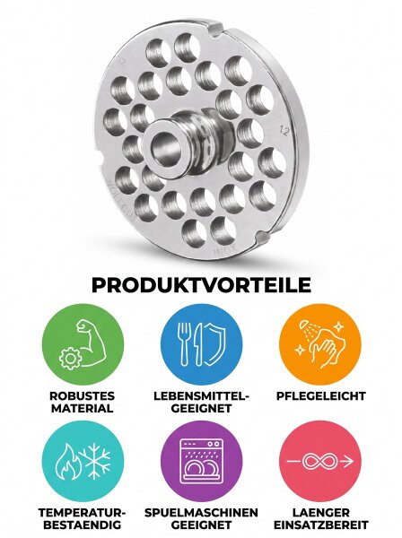 WOLFCUT | Stainless steel meat grinder plates for size 32 | with hub | 3 keyways | durable | 12 mm