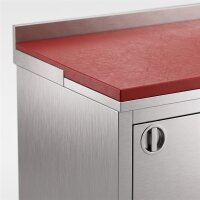 Roestvrijstalen tafel / uitbeentafel met schuifdeur | 10cm hoge opstaande rand en volledig rode plaat | 150x70x85cm