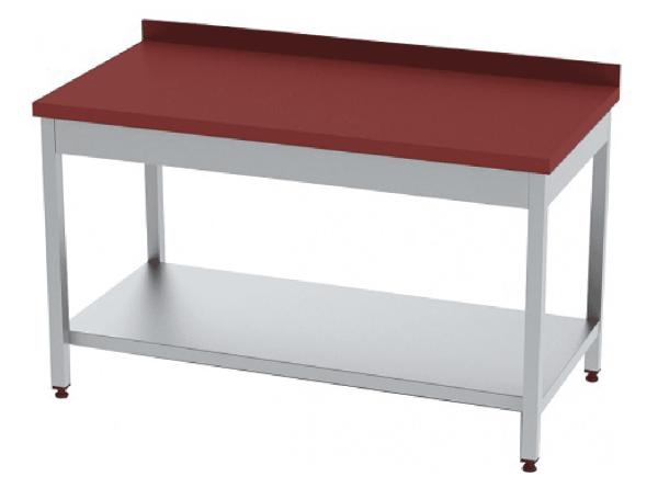 Roestvrijstalen tafel / uitbeentafel met onderblad | 10cm hoge opstaande rand en volledig rode plaat | 150x70x85cm