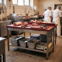 Roestvrijstalen tafel / uitbeentafel met onderblad | 10cm hoge opstaande rand en volledig rode plaat | 150x70x85cm