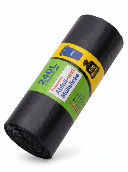 Premium Müll und Abfallsäcke | 240L | Schwarz | 100x125cm | Extra stark | 100 Stück / Karton | (10x10)
