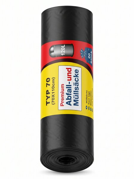Premium Müll und Abfallsäcke | 120L | (TYP70) Schwarz | 70x110cm | 200 Stück / Karton | (20x10)