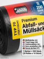 Premium Müll und Abfallsäcke | 120L | (TYP70) Schwarz | 70x110cm | 200 Stück / Karton | (20x10)